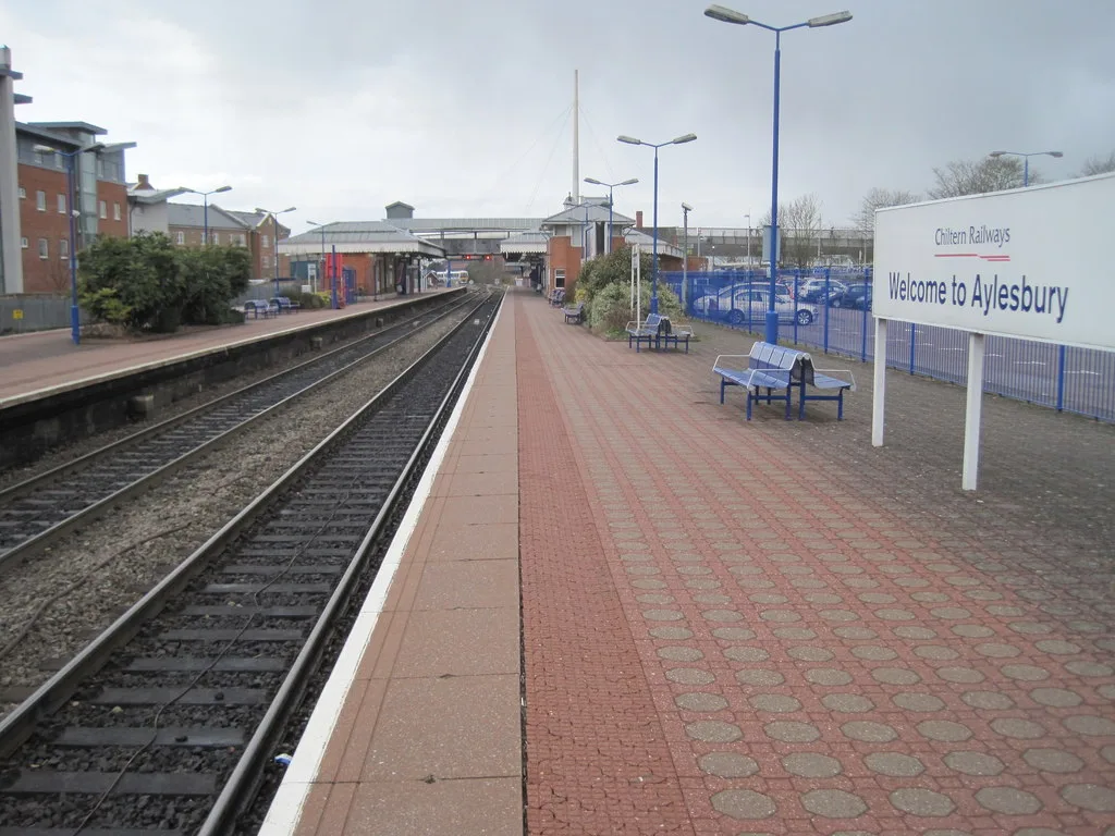 Aylesbury railway station, the end of the Chiltern line from Marylebone. The transport plan names an East West Rail link at Aylesbury as a county priority but records that it has no funding.