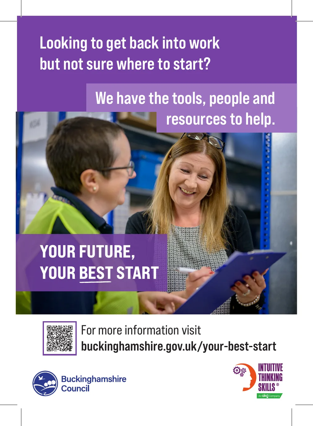 Front of the Connect to Work leaflet: two women looking at a clipboard, under the words Looking to get back into work but not sure where to start?