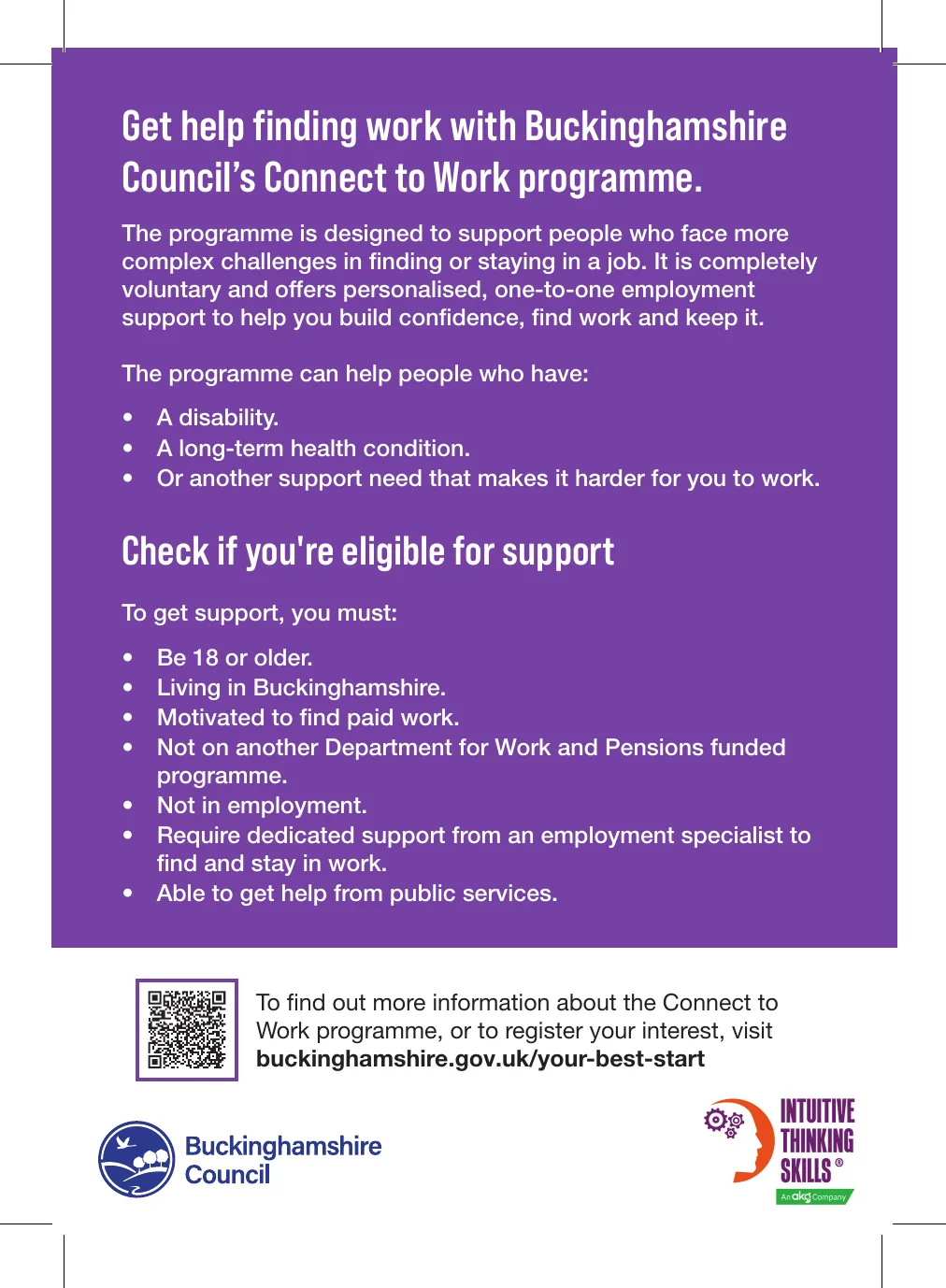 Back page of the Connect to Work leaflet listing who the programme can help and the eligibility rules